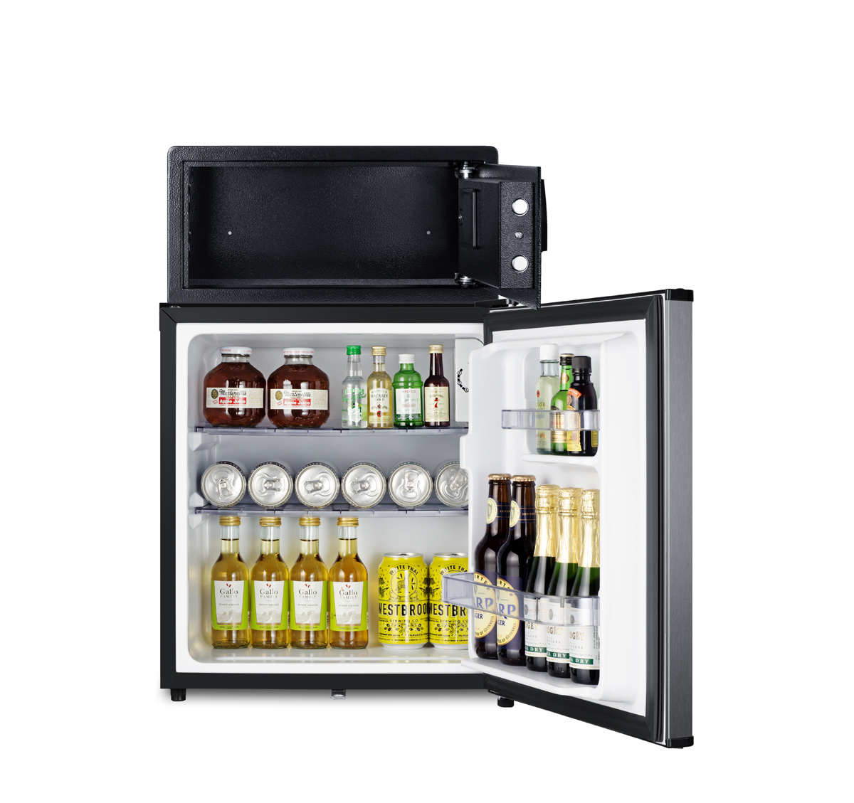 Compact minibar with front lock and stainless steel exterior with an in-room hotel safe in stainless steel with digital keypad lock